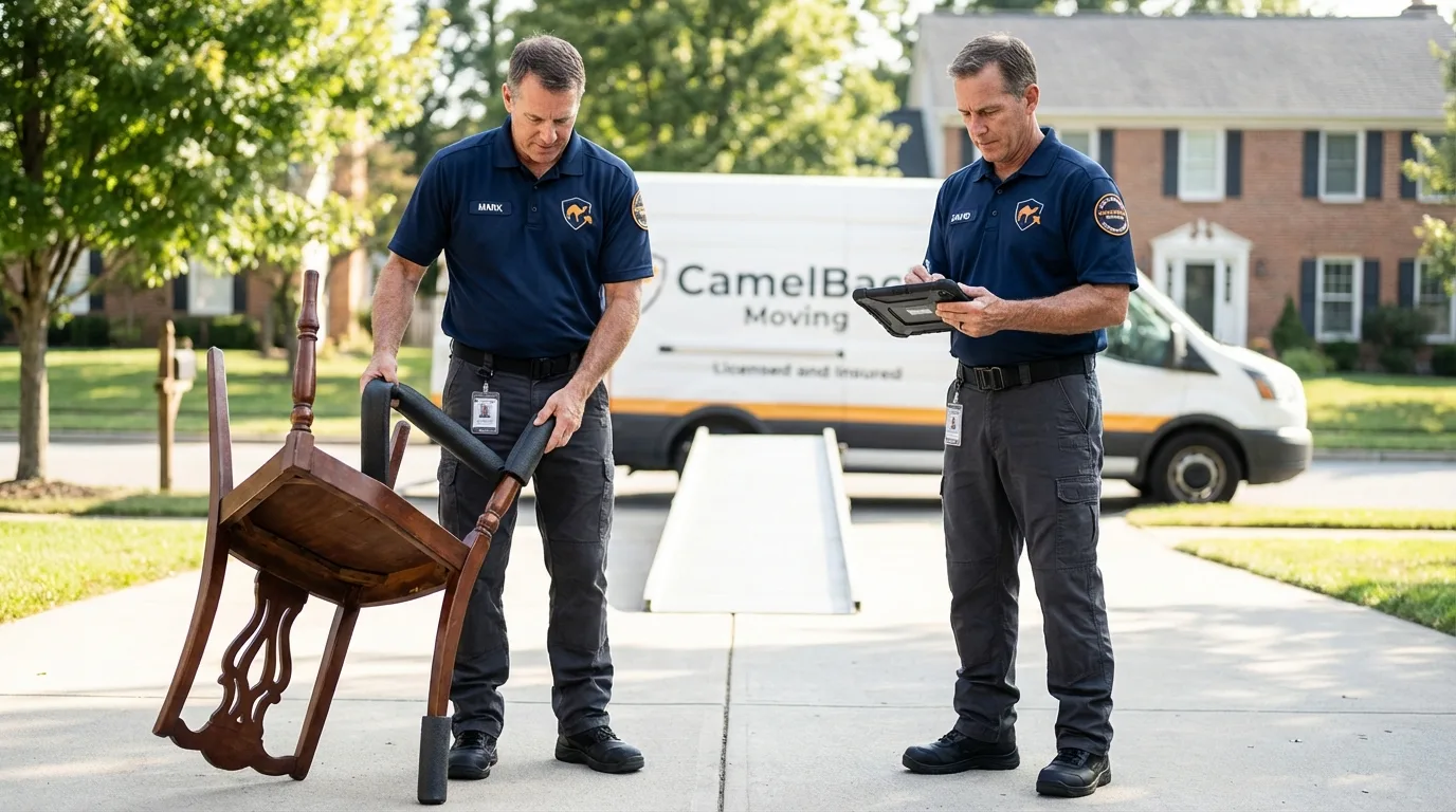 Movers inspecting furniture for damage prevention before loading in Rydal, GA